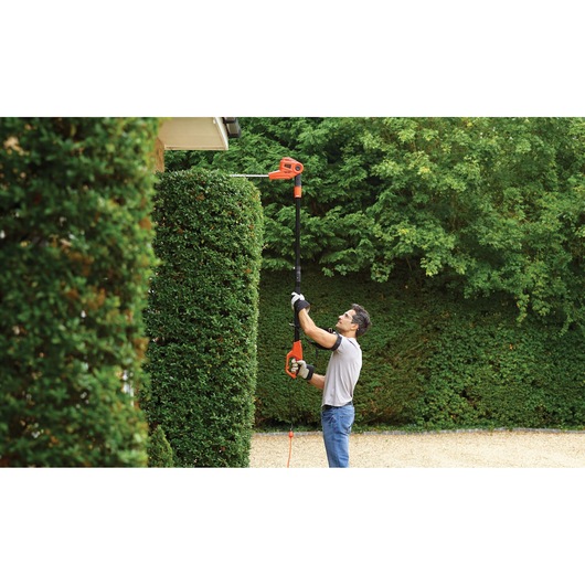 BLACKDECKER PH5551 orange pole hedge trimmer used to trim tall green garden hedges outdoors.