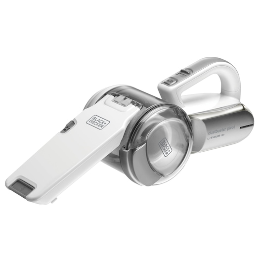 A BLACK+DECKER Dustbuster Pivot handheld vacuum cleaner with a white and grey design, showing its foldable nozzle and ergonomic handle.