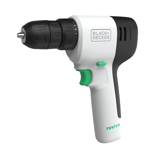 BLACK+DECKER REVDD12C cordless drill, white and black with green accents, side angle on white background