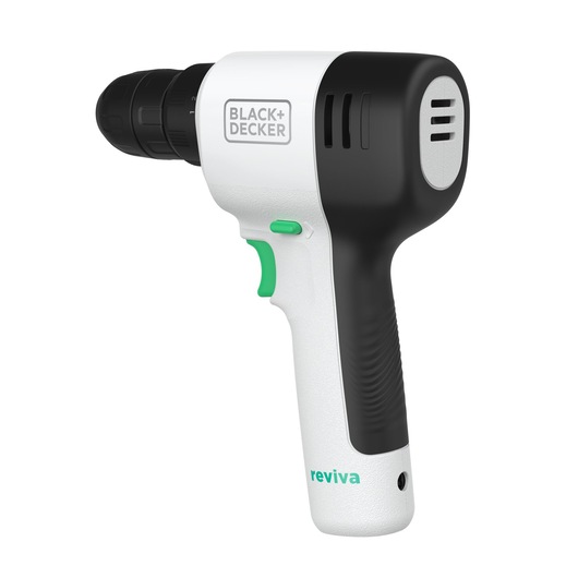 BLACKDECKER REVDD12C cordless drill, black and white with green accents, side angle on white background.