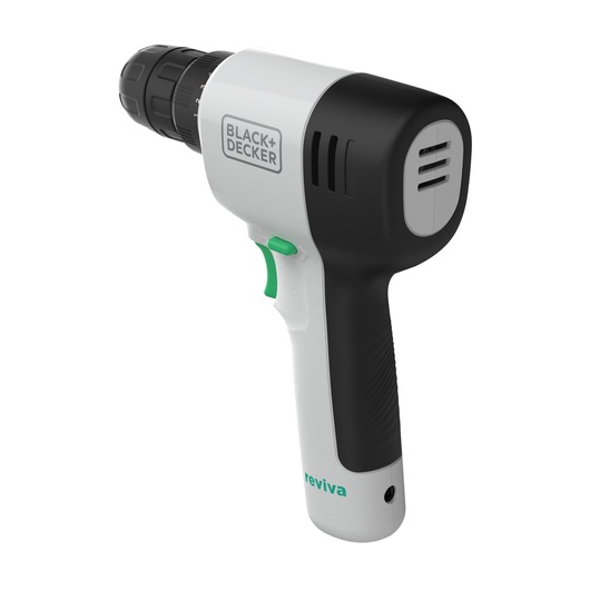BLACKDECKER REVDD12C cordless drill, white and black design, green trigger, side angle, product photography