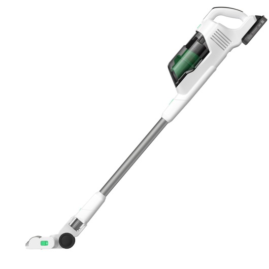 A white and grey cordless stick vacuum cleaner with a transparent dust container and green accents, shown on a white background.