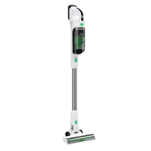 A BLACK+DECKER REVSV18D1 cordless stick vacuum cleaner with a white and green design, featuring a transparent dust container and a slim upright shape.