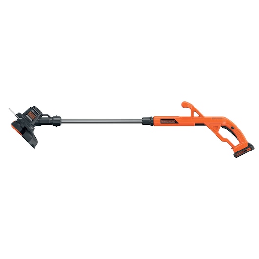 A BLACK+DECKER cordless grass trimmer with an orange and black design, featuring a long shaft and ergonomic handle.