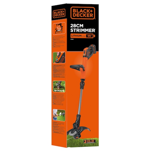 Photo of BLACK+DECKER 28cm strimmer STC1820PC packaging, showing orange and black cordless grass trimmer box front.