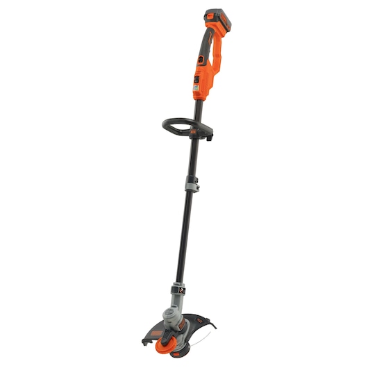 A BLACK+DECKER cordless grass trimmer with an orange and black design, featuring an ergonomic handle and adjustable shaft.