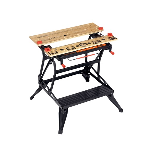 A BLACK+DECKER portable workbench with a foldable metal frame and a dual wooden work surface, featuring printed measurement markings and adjustable clamps for securing materials.