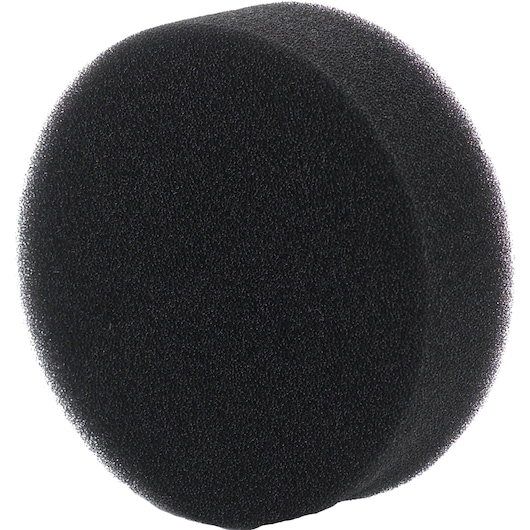 A round, black foam filter photographed against a white background.