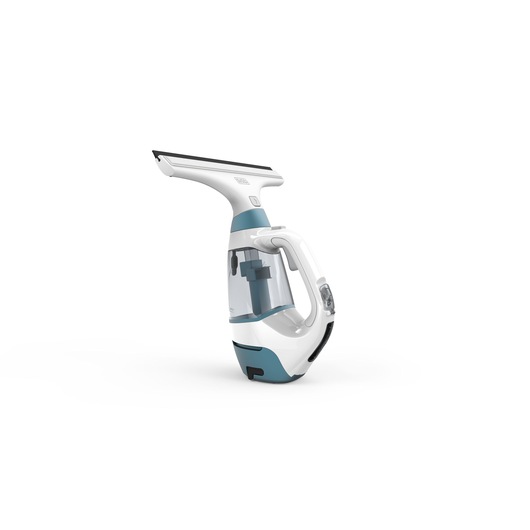 BLACKDECKER WW100 window vacuum cleaner, white and blue, side angle on white background.